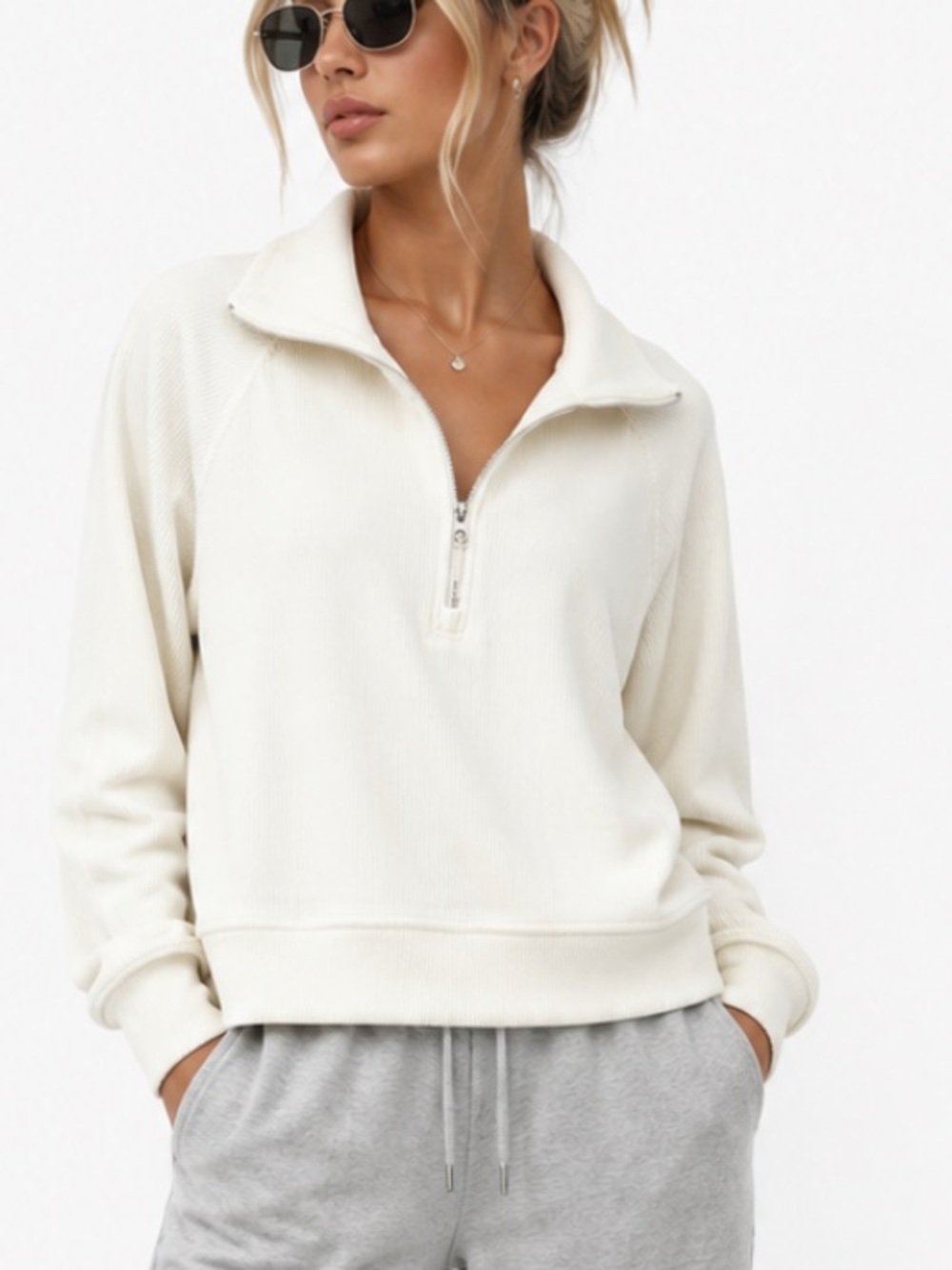 NEW Kyodan Ivory Velour Half-Zip Ribbed Pullover Sweatshirt